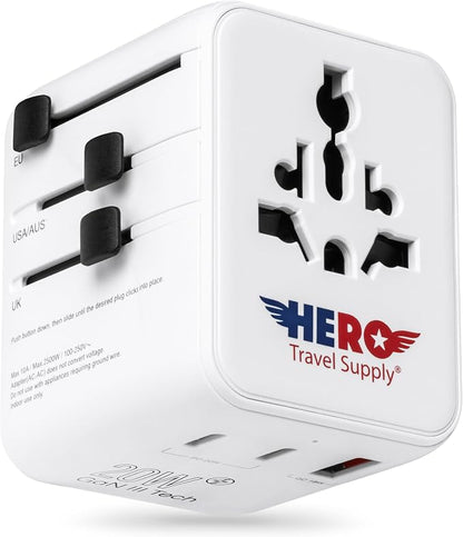 Hero International Travel Power Adapter – Universal Plug for Europe, UK, US, Asia, AUS, 100+ Countries | 2 USB-C & 1 USB-A