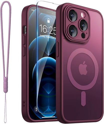 ROYBENS for iPhone 12 Pro-Max Matte Clear Case Compatible with Magsafe, Full Camera Lens Protection, Screen Protector, Wrist Strap, Translucent Magnetic Slim Hard Protective Phone Cover, Wine-Red