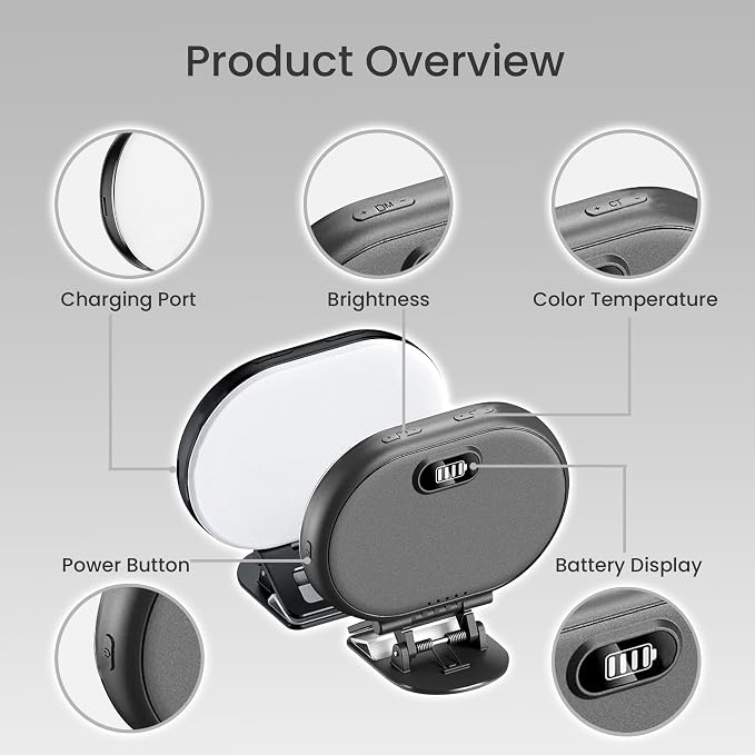 Portable Selfie Light Rechargeable 2000mAh 2700-6500K, Phone Light with Silicon Clip Type-C, 3 Color Modes for Phones Cameras Laptops iPads Perfect for Makeup Video Calls TikTok & Vlogs