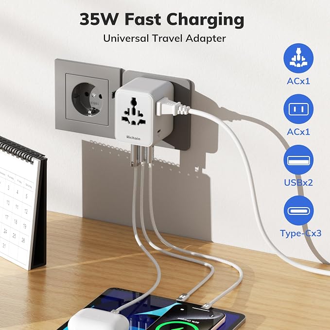 Hichain 35W Universal Travel Adapter, 7-in-1 International Power Adapter | Fast Charging Adapter for Europe Plug Universal Power Block, GaN Travel Adapter Worldwide Portable Plug for EU, UK, US, AUS
