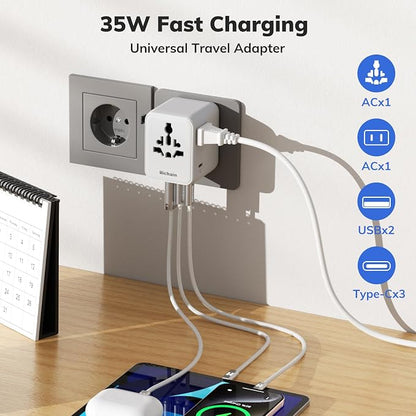 Hichain 35W Universal Travel Adapter, 7-in-1 International Power Adapter | Fast Charging Adapter for Europe Plug Universal Power Block, GaN Travel Adapter Worldwide Portable Plug for EU, UK, US, AUS