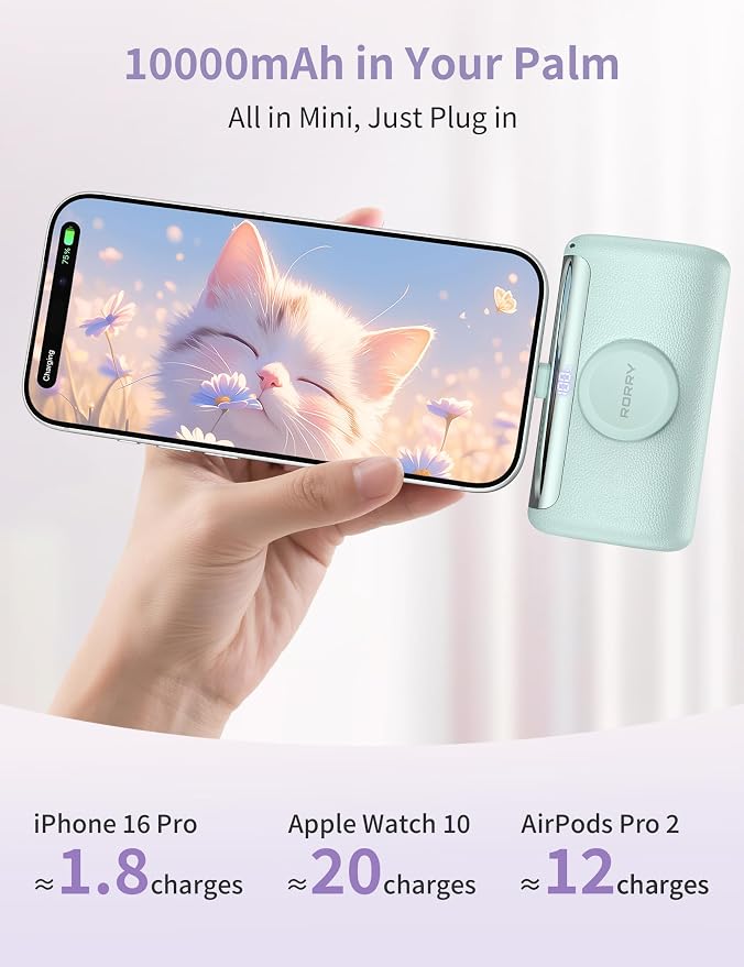 RORRY PalmGo Portable Charger Power Bank 10000mAh 3-in-1 Mini Battery Pack | Built-in USB-C Connector, 22.5W Fast Charging, for iPhone 17/16/15, Apple Watch, iPad, Travel Essential, Pocket Size