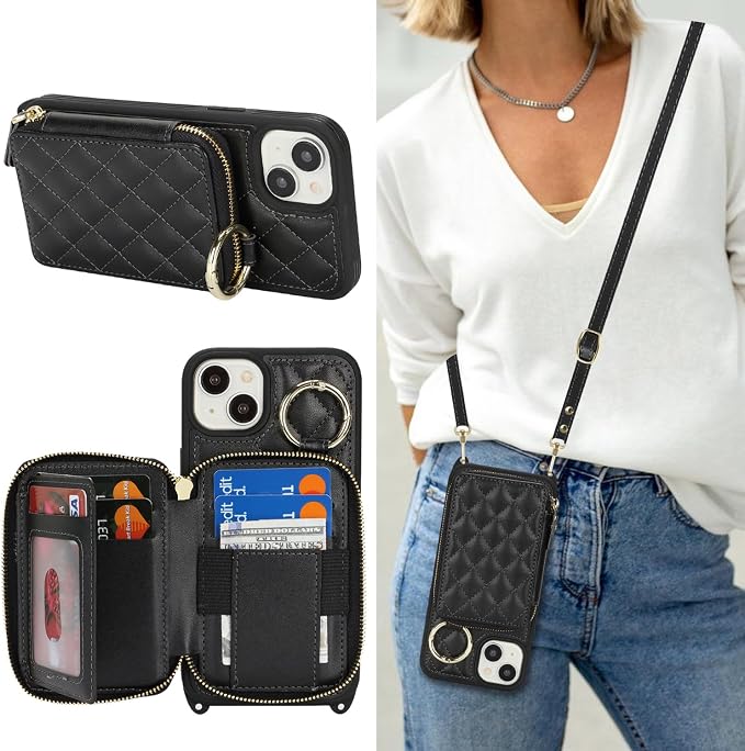 Crossbody Wallet Case for iPhone 14 Plus, PU Leather Zipper Handbag Purse Flip Cover, Kickstand Folio Case with Card Slots Holder Wrist Strap Lanyard 5G 6.7 Inch-Black