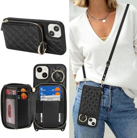 Crossbody Wallet Case for iPhone 14 Plus, PU Leather Zipper Handbag Purse Flip Cover, Kickstand Folio Case with Card Slots Holder Wrist Strap Lanyard 5G 6.7 Inch-Black