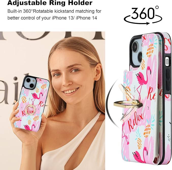 HAOPINSH for iPhone 13/ iPhone 14 Wallet Case with Card Holder, 360°Rotation Ring Kickstand, Pink Flamingo Pattern, RFID Blocking Leather for Girls Women, Double Buttons Flip Protective Cover 6.1"