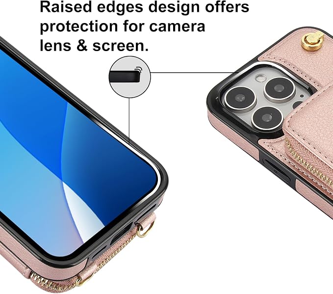 Bocasal for MagSafe Crossbody Wallet Case Compatible with iPhone 16 Pro, RFID Blocking Protective Purse Case with Card Slots Holder Kickstand Wrist Strap Lanyard Zipper 6.3 Inch 5G (Rose Gold)