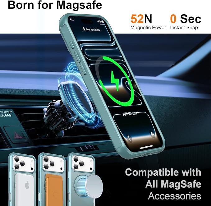 360° Magnetic Swivel Ring for iPhone 17 pro case, Built-in Metal Stand and Ring Holder, Magsafe Compatible, Military Grade Protection, Shock and Vibration Resistant-Lake Blue