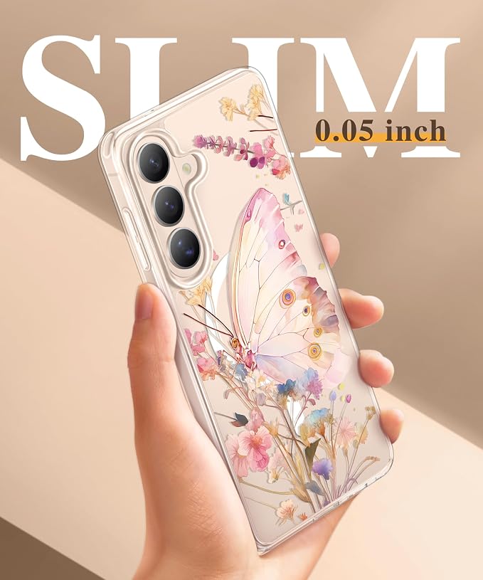 GVIEWIN for Samsung Galaxy S26 Case Compatible with MagSafe, Clear Floral Shockproof Protective Women Phone Case, Non-Yellowing, Screen & Camera Lens Protector for Galaxy S26 6.3", Magic Butterfly