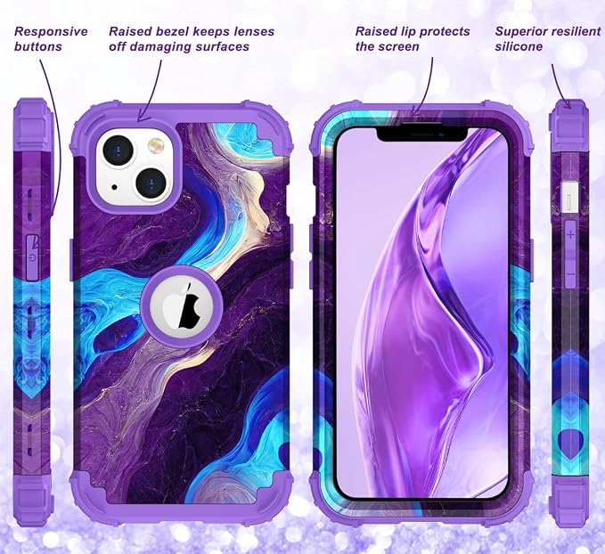 Hocase for iPhone 14 Plus Case, Heavy Duty Shockproof Protection Soft Silicone Rubber+Hard Plastic Bumpers Hybrid Protective Case for iPhone 14 Plus 6.7" 2022 - Blue Purple Marble