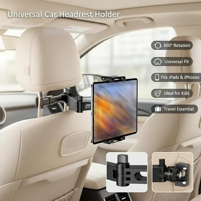 Car Headrest Phone Tablet Holder, 360° Rotating Extension Arm, Fits 4.7-11 Inch, Universal Travel Must-Have for Kids, Universal Smartphone Holder