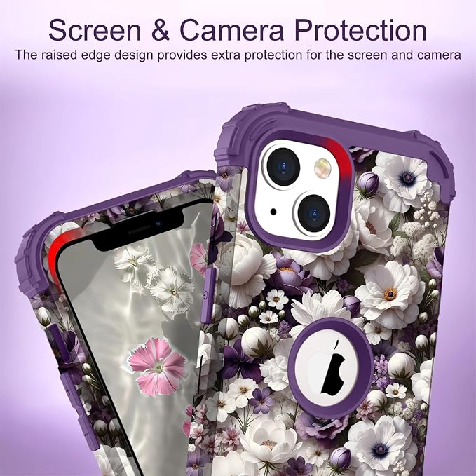 Hocase for iPhone 14 Case/iPhone 13 Case, Heavy Duty Shockproof Protection Soft Silicone Rubber+Hard Plastic Bumpers Hybrid Protective Case for iPhone 13/14 (6.1") - White Flowers