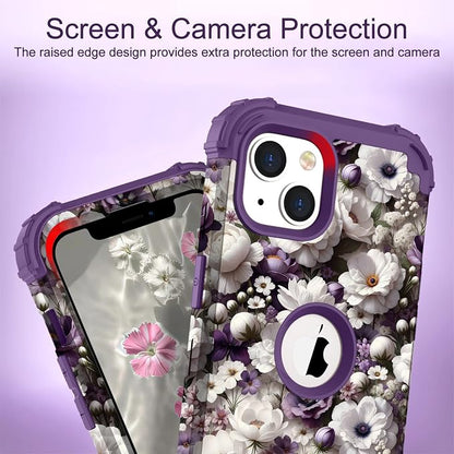 Hocase for iPhone 14 Case/iPhone 13 Case, Heavy Duty Shockproof Protection Soft Silicone Rubber+Hard Plastic Bumpers Hybrid Protective Case for iPhone 13/14 (6.1") - White Flowers