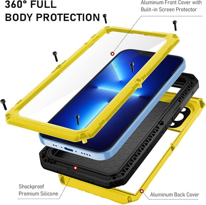 Beasyjoy Waterproof Case for iPhone 13 Pro Max, Built in Screen Protector Metal Full Body Defender Case, Military Grade Rugged Heavy Duty Shockproof Armor Tough Phone Case 6.7'' (Yellow)