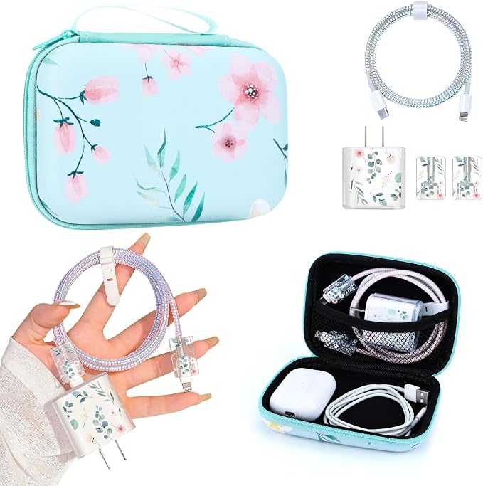 Cute DIY Phone Charger Case Storage Set with Cable Protector with Carrying Cable Case Bag, Cord Organizer, USB Earphone Wire Saver Organizer Charger Protector for iPhone (Green-Leafed Flower)
