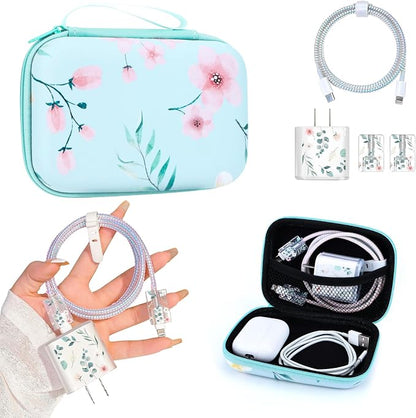 Cute DIY Phone Charger Case Storage Set with Cable Protector with Carrying Cable Case Bag, Cord Organizer, USB Earphone Wire Saver Organizer Charger Protector for iPhone (Green-Leafed Flower)