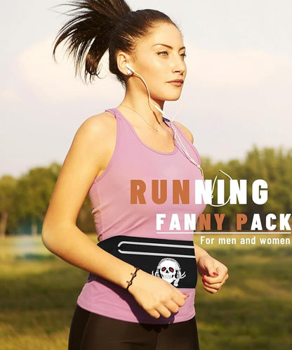 Music Skull Running Belts for Women and Men,Runner Waist fanny pack Wallet Holder,Waterproof Reflective phone holder,Cool Rock Skeleton Fitness Belt with 3 Zipper Pockets,Marathon Cycling Gear Gift