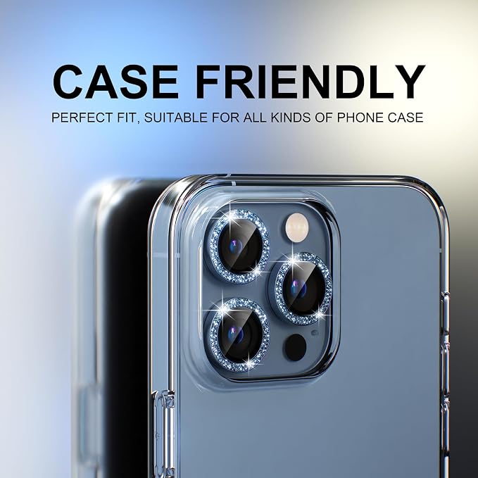 Choiche Compatible for iPhone 13 Pro/iPhone 13 Pro Max Camera Lens Protector Bling, 9H Tempered Glass Camera Cover Screen Protector Metal Ring Decoration Accessories (Glitter-Sierra Blue)