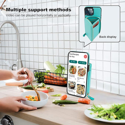Bocasal RFID Blocking Wallet Case for iPhone 13 Pro Max, Adjustable Crossbody Zipper Purse Case Card Holder with Kickstand Detachable Wrist Strap, PU Leather Flip Folio Case 6.7 Inch 5G (Mint Green)