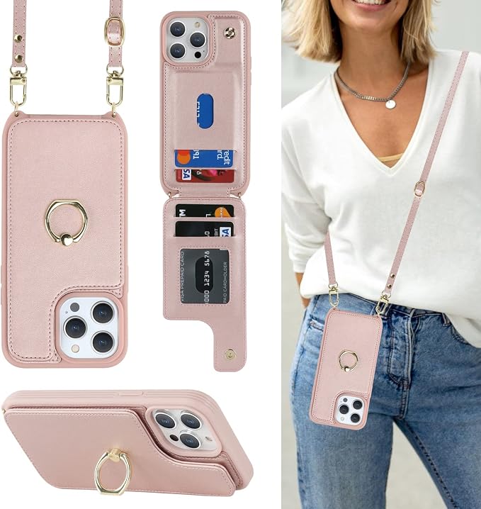 Lipvina for iPhone 14 Pro Case with Card Holder for Women,Phone Case with Strap,Crossbody Lanyard,RFID Blocking,Ring Stand,Snap Clasp,Cute Wallet Case 6.1 inch(Rose Gold)