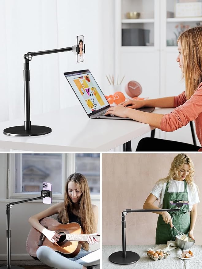 elitehood Heavy Duty Aluminum Overhead Phone Stand, 15 in Long Arm iPhone Holder for Video Recording, 360 Degrees Swivel Tilt Overhead Phone Mount for Filming, Meeting, Cooking, Painting and Crafting