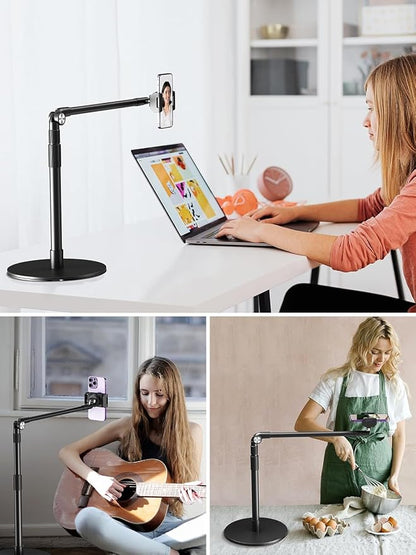 elitehood Heavy Duty Aluminum Overhead Phone Stand, 15 in Long Arm iPhone Holder for Video Recording, 360 Degrees Swivel Tilt Overhead Phone Mount for Filming, Meeting, Cooking, Painting and Crafting