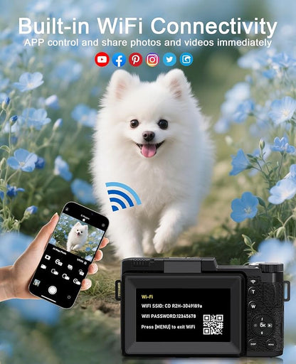 FLATIC 5K Digital Camera with WiFi, Cameras for Photography with 180°Flip Screen, Vlogging Camera with 64GB Card, Battery, Camera for Beginner, Teens