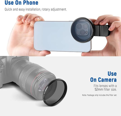 NEEWER 52mm 7 Pack ND Filter Set Compatible with iPhone, Clip On CPL+ ND32 + Starlight + GND (Red/Orange/Yellow/Blue) Phone Camera Lens Photography Accessories Kit