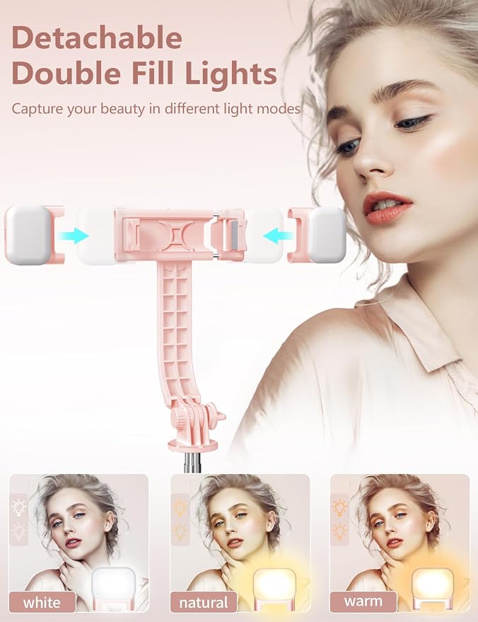 Selfie Stick with Light, 45'' Selfie Stick Tripod with Wireless Remote, Portable Travel Phone Tripod Compatible with iPhone 15 Pro Max/15/14 Pro/14/13, Samsung S22/ S23 Ultra/Android Smartphone (Pink)