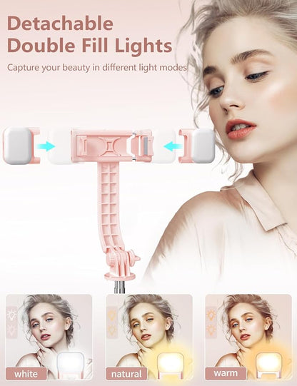 Selfie Stick with Light, 45'' Selfie Stick Tripod with Wireless Remote, Portable Travel Phone Tripod Compatible with iPhone 15 Pro Max/15/14 Pro/14/13, Samsung S22/ S23 Ultra/Android Smartphone (Pink)