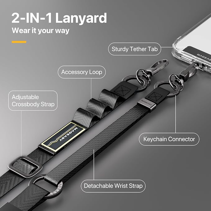 MAGEASY 2-in-1 Phone Lanyard Crossbody & Wrist Strap with Tether Tab & Belt Clip, Adjustable Phone Strap, Hands-Free Anti-Drop Travel Phone Leash for iPhone & Android (Black)