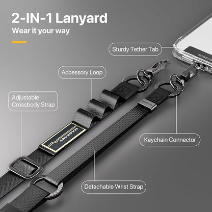 MAGEASY 2-in-1 Phone Lanyard Crossbody & Wrist Strap with Tether Tab & Belt Clip, Adjustable Phone Strap, Hands-Free Anti-Drop Travel Phone Leash for iPhone & Android (Black)