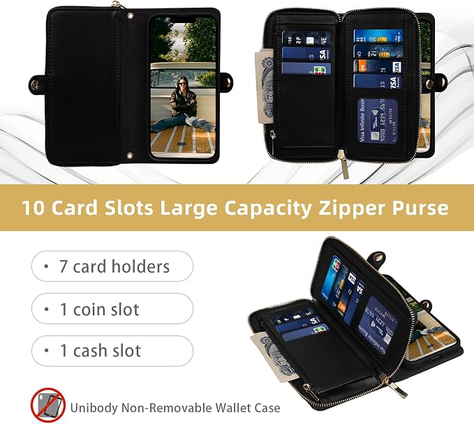 Rssviss Crossbody Case for iPhone 17e and 16e Case Wallet, RFID Blocking Leather Case with Card Holder Kickstand, Handbag Zipper Flip Cover with Wrist Strap for iPhone 17e Men Women 6.1", Black
