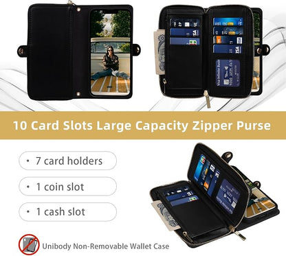 Rssviss Crossbody Case for iPhone 17e and 16e Case Wallet, RFID Blocking Leather Case with Card Holder Kickstand, Handbag Zipper Flip Cover with Wrist Strap for iPhone 17e Men Women 6.1", Black