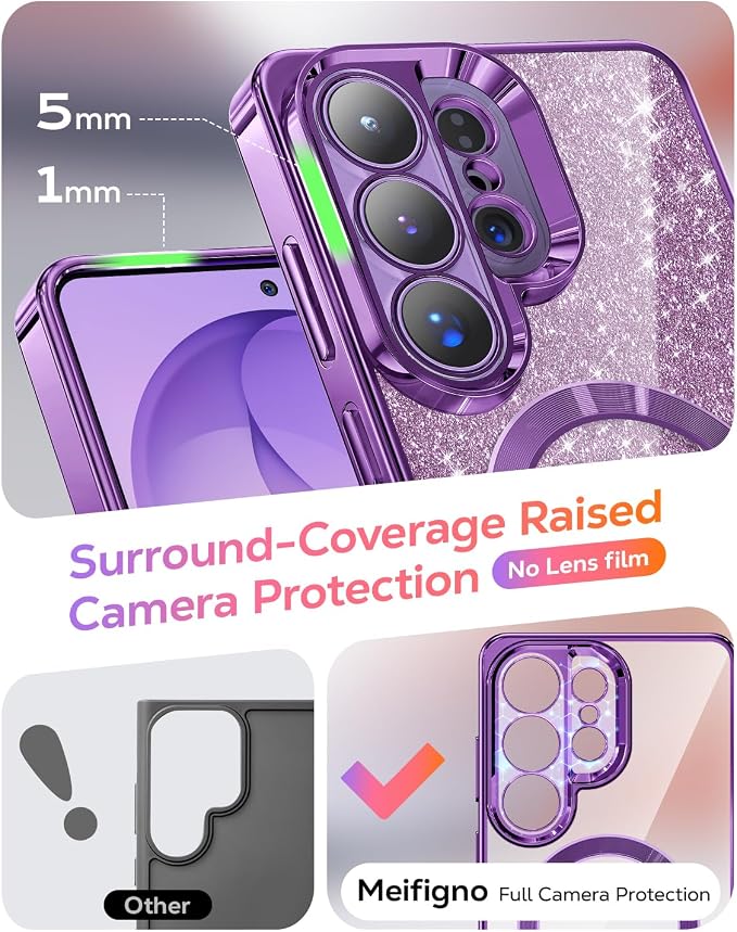 Meifigno Magnetic Case for Samsung Galaxy S26 Ultra 6.9" + Removable Phone Grip Kit, [Phone Ring Holder with Built-in Mirror] [Compatible with MagSafe] [Glitter Card & Wrist Strap], Cobalt Violet
