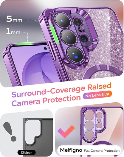 Meifigno Magnetic Case for Samsung Galaxy S26 Ultra 6.9" + Removable Phone Grip Kit, [Phone Ring Holder with Built-in Mirror] [Compatible with MagSafe] [Glitter Card & Wrist Strap], Cobalt Violet