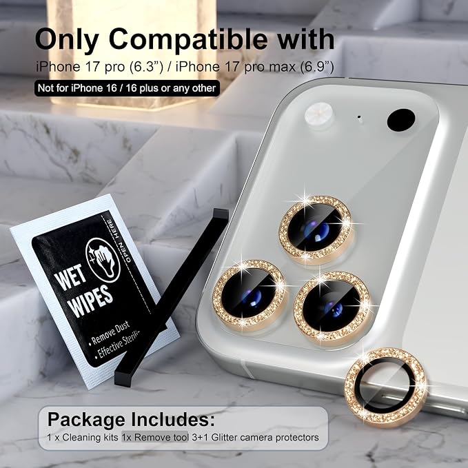 Choiche Compatible for iPhone 17 Pro/iPhone 17 Pro Max Camera Lens Protector Bling, 9H Tempered Glass Camera Cover Screen Protector Metal Ring Decoration Accessories (Glitter-Gold)