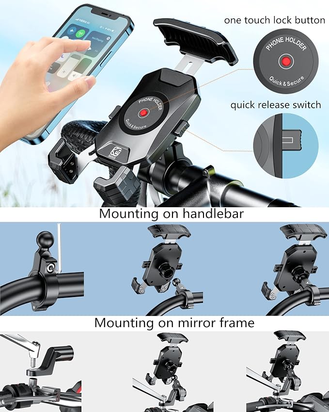 BRCOVAN Motorcycle Bike Phone Mount with Solid Aluminum Alloy Mounting Base, [1s Lock] Handlebar Cell Phone Holder for Bicycle ATV Scooter, Fit 4-7'' Smartphone
