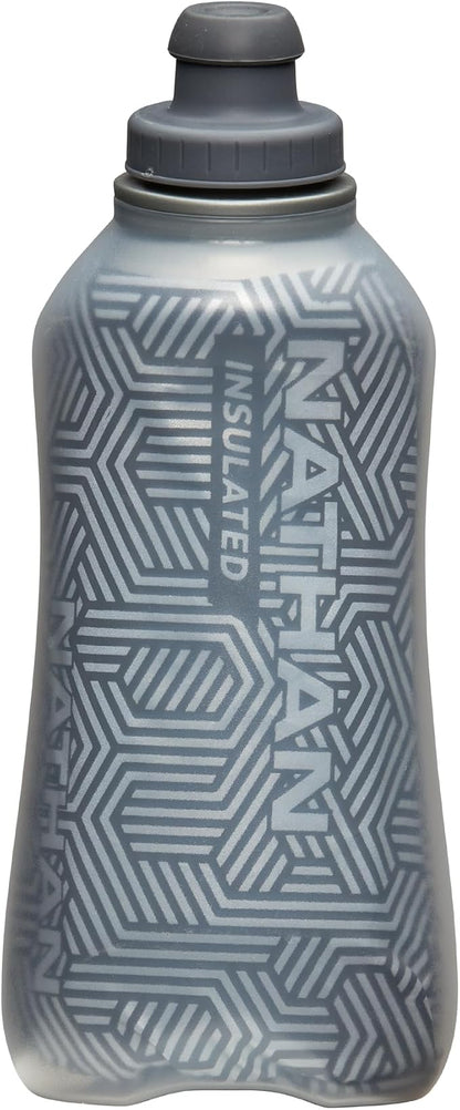 Nathan SpeedDraw 2 Insulated Handheld Running Water Bottle Flask 18oz – Double-Wall Insulation, Ergonomic Grip, Blast Valve Cap, Phone & Key Storage Pockets, Reflective Design