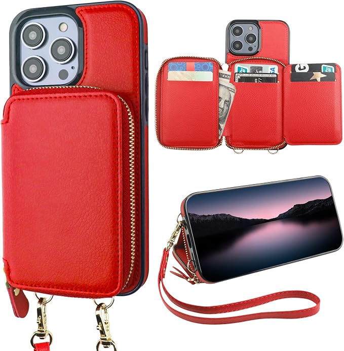 Bocasal RFID Blocking Wallet Case for iPhone 14 Pro Max, Adjustable Crossbody Zipper Purse Case with Kickstand and Detachable Wrist Strap, PU Leather Flip Folio 6.7 inch (Red)