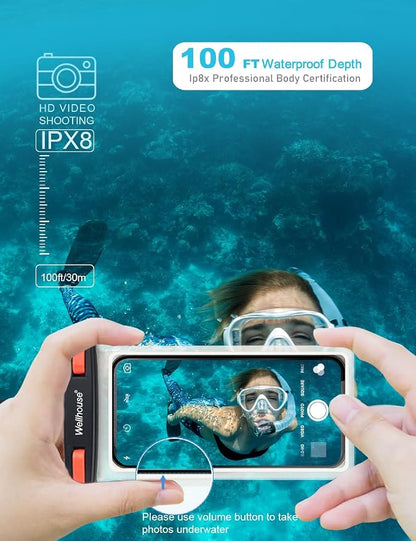 wellhouse Waterproof Phone Pouch, Waterproof Phone Case for iPhone 17 16 15 14 13 Pro Max XS Samsung, IPX8 3D Cellphone Dry Bag Beach Essentials (1 Pack - Black/Red Clasp7.0, 7 inch)