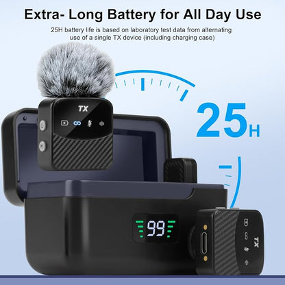 Mini Wireless Lavalier Microphone for iPhone/Android/Tablets,Magnetic Mini Mic with Noise Reduction, 25H Battery Life with Charging Case, Lapel Microphone Wireless for Video Recording Podcast