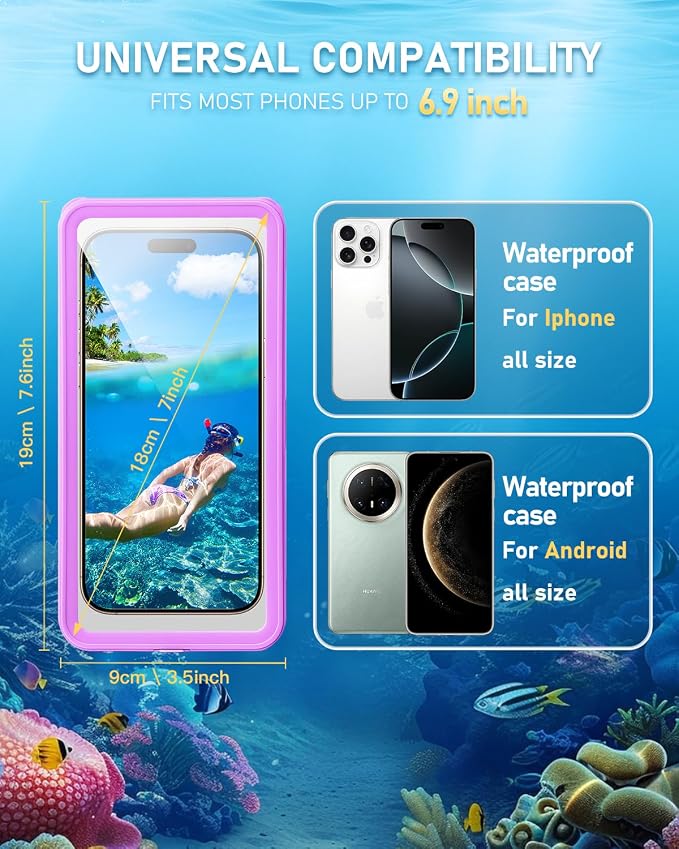 Waterproof Phone Case,IPX8 Waterproof Phone Pouch for Beach & Snorkeling Essentials,Phone Waterproof Case with Lanyard, Universal Case Up to 6.9" for iPhone,Samsung (Purple)