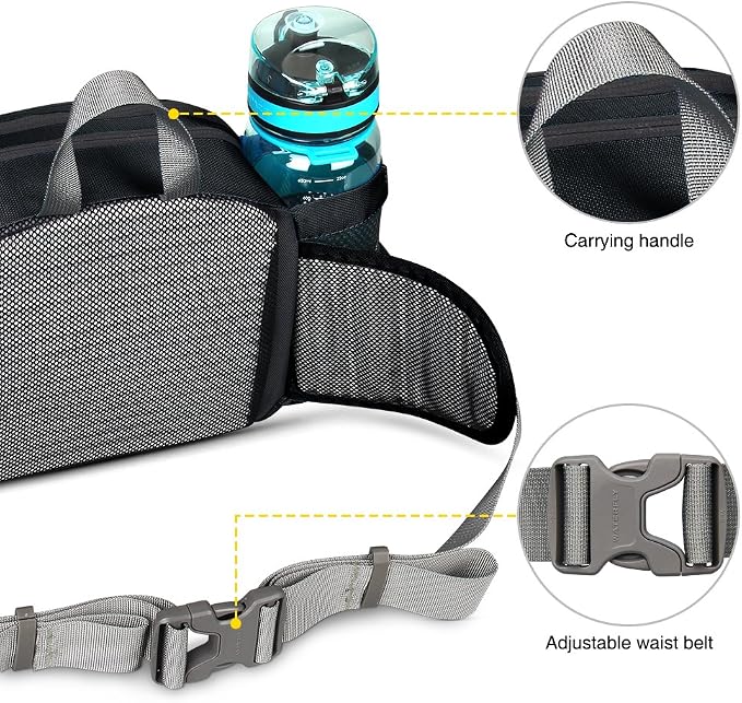 WATERFLY Fanny Pack Waist Bag: Fannie Pack 2 Water Bottle Holders Lumbar Belt Hiking Walking Running Jogging Camping Large Woman Man (Bottle Not Included)
