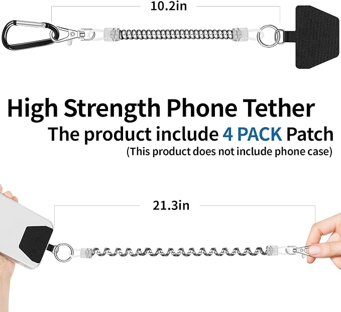 Doormoon 2* Phone Lanyard Tether with 4* Patch, iPhone Lanyard Anti Theft Phone Strap for Outdoor Hiking Climbing, Silver