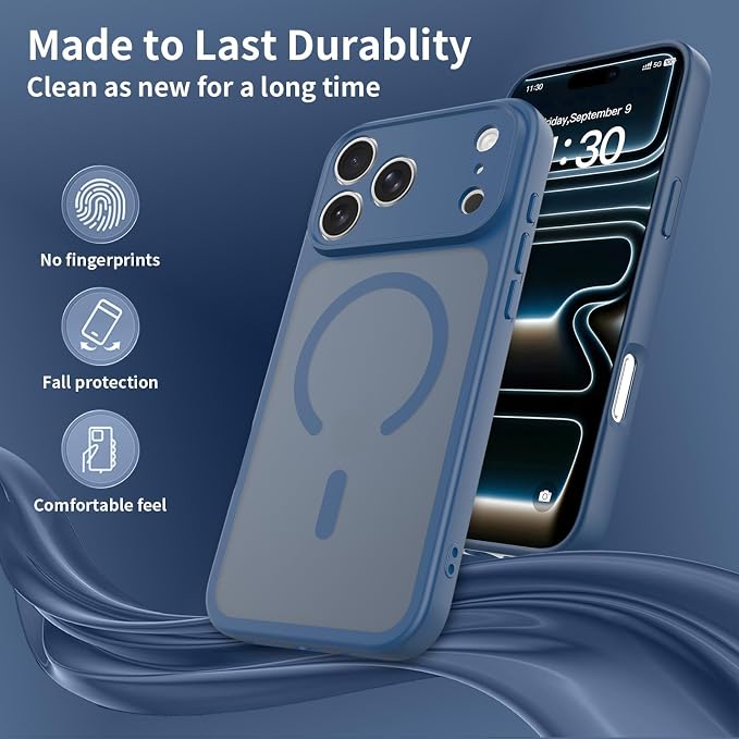Magnetic iPhone Case Compatible with MagSafe, Shockproof Translucent Matte Phone Case for iPhone 17 Pro Max, iPhone 17 Pro, Anti-Fingerprint, Oil Resistant, Stain Resistant(Blue, iPhone 17 Pro Max)