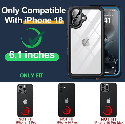for iPhone 16 Case Waterproof, Built-in Privacy Screen & HD Screen Double Front Frame [IP68 Underwater] Shockproof Dustproof Full Body Protection iPhone 16 Phone Case Blue