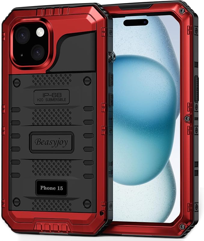 Beasyjoy for iPhone 15 Case Waterproof, Metal Heavy Duty Full Body Protective Case with Built-in Screen Protector, Military Grade Shockproof Dustproof Defender Rugged Cover for iPhone 15 6.1", Red