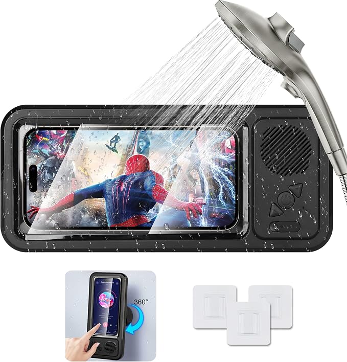 Shower Phone Holder Waterproof with Bluetooth Speaker | 2026 New IPX6 Anti-Fog, 480° Rotatable | Bathroom Case with Speaker Holes | Fits 4-7" Cell Phones & iPhone | Bathroom Wall Mirror