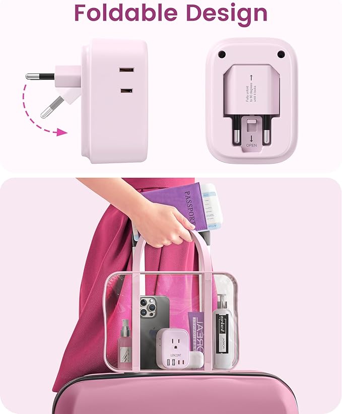 LENCENT European Travel Plug Adapter US to Europe Type-C Foldable Plug | with 4 Outlets 4 USB Ports (2 USB C), Power Adaptor for USA to EU Euro Iceland Spain Italy France Germany Greece, Pink