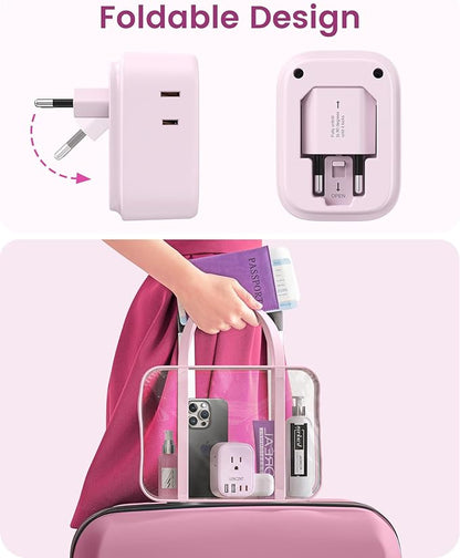 LENCENT European Travel Plug Adapter US to Europe Type-C Foldable Plug | with 4 Outlets 4 USB Ports (2 USB C), Power Adaptor for USA to EU Euro Iceland Spain Italy France Germany Greece, Pink
